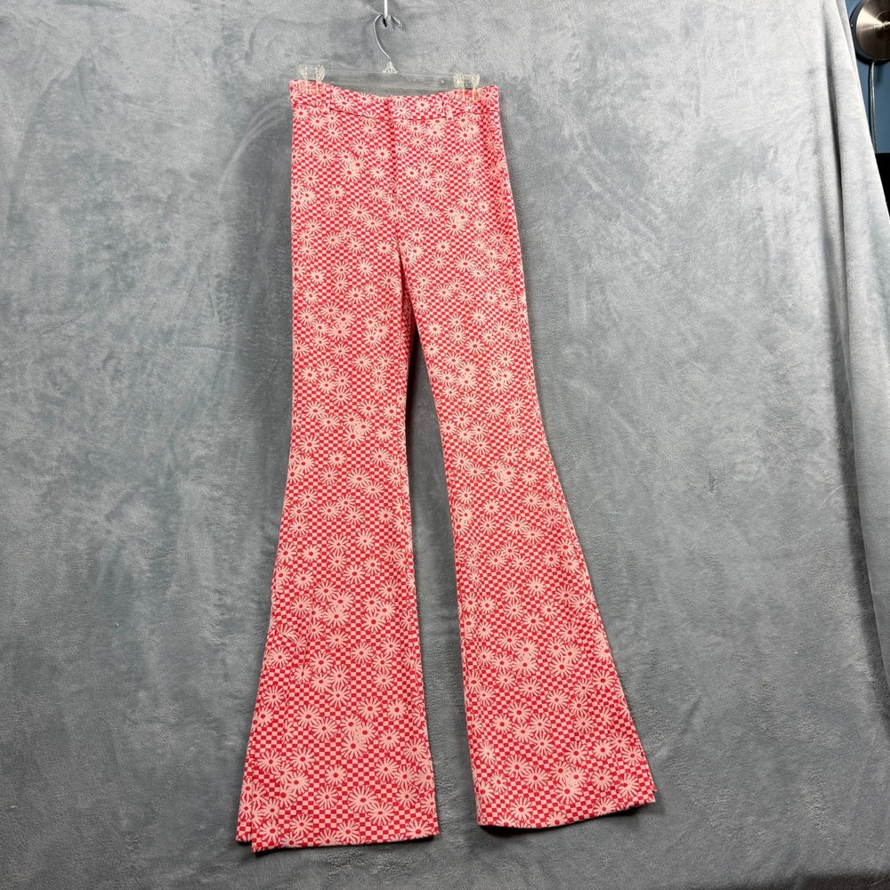 Zara Womens Small Red Pink Floral Flare Pants Checkered Daisy Y2K Retro Boho